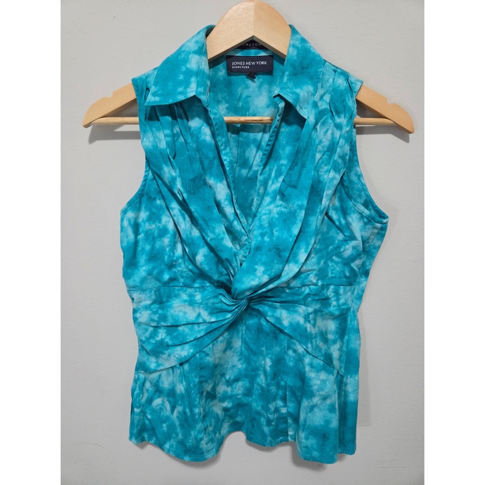 Jones New York Signature Blue Tie Dye Twist Front Sleeveless Blouse Small